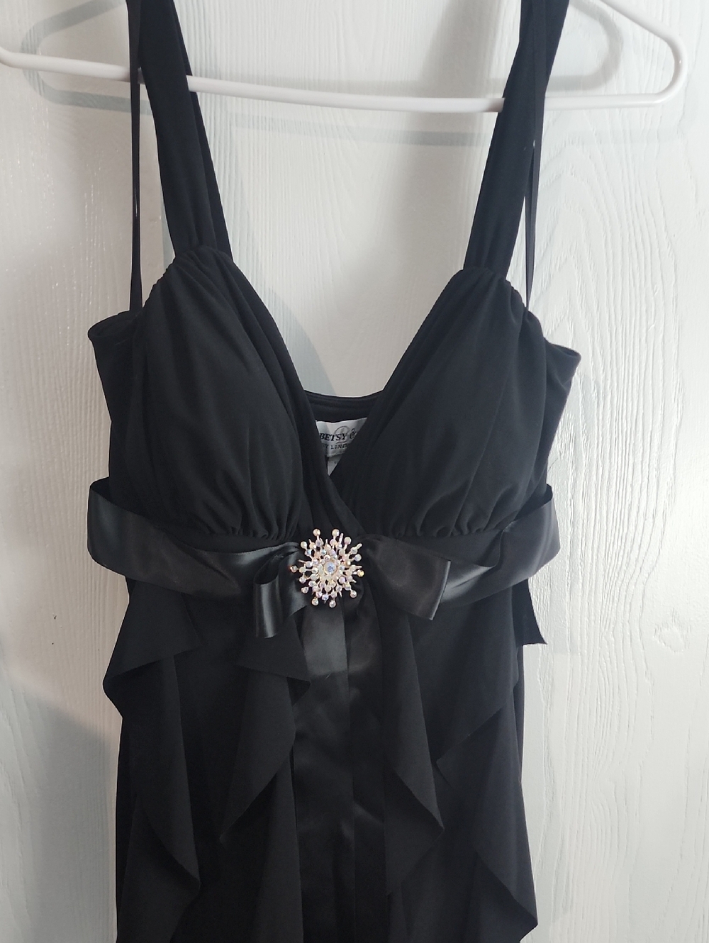 Betsy & Adam Black Ruffle Maxi Dress with Jeweled Accent - Picture 2 of 7